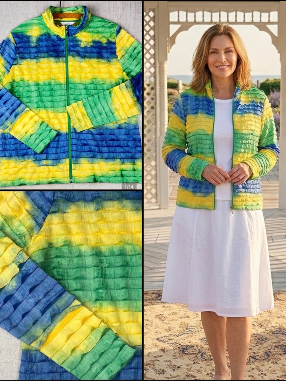 Erin London Ruffle Zip Light Jacket Blue Green Yellow Ombre TieDye Mesh Top XL